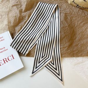 NBANLIKE Scarf Accessories All-match Elegant French Ribbon Headband Female Shawl Neckerchief Printing Stripe Small Long Scarf Silk Scarf Printed Scarf Korean Style Scarves