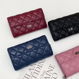 FE Genuine Leather Wallet Womens Long Sheepskin Large Capacity Phone Holder Clutch Embroidered Rhombus Chain Crossbody Small Bag