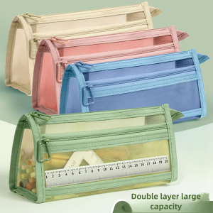 1pcs Large-Capacity Transparent Mesh Pencil Case with a Double-Layer Triangular Design.