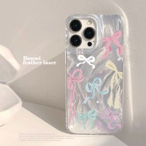 GADGET FUSION Glitter Case for iPhone 11 13 14 15 Plus 12 ProMax X XR XS Max 1lPro 1lPro Max78 Plus SE Colorful Bowknot Feather Yarn Silver Case