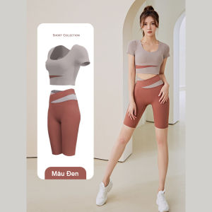 Bộ quần áo tập gym nữ không viền cổ vải co giãn 4 chiều có mút ngực - Set quần lỡ và áo croptop ngắn tay KENZI-75