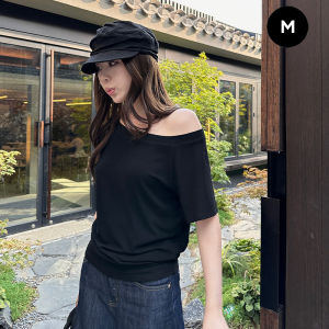 FASHLOVER Solid Color Short Sleeved T-shirt Loose Off-the-shoulder Design Sense Top Versatile
