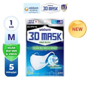 Khẩu trang siêu bảo vệ Unicharm 3D Mask Virus Block (Ngăn được bụi mịn PM2.5) size M gói 5 miếng
