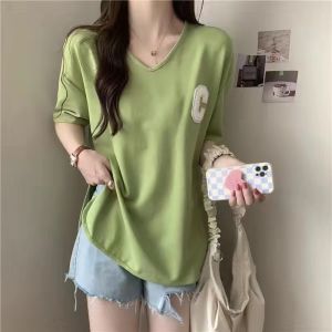 Atasan wanita Dewasa Import Model Oval Belah Sisi variasi C Kerah V Lengan Pendek Model Kekinian