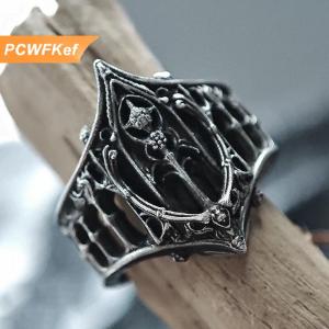 【PCWFKef】 Retro Cá Tính Cổ Bạc Màu Rỗng-out Cứu Trợ Vương Miện Nhẫn Cho Phụ Nữ Người Đàn Ông Halloween Thời Trang Gothic Đồ Trang Sức