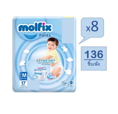 (ยกลัง 8ห่อ)Molfix Extra Dry มอลฟิกซ์ ผ้าอ้อมเด็กเเบบกางเกง รุ่นเอ็กซ์ตร้าดราย แพ้นท์ (อ่านรายละเอียดก่อนสั่งสินค้า)