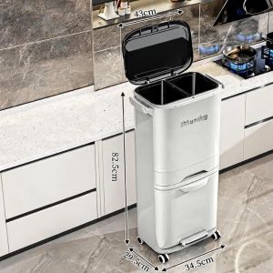 xpkQ Kitchen Waste Bins Large Capacity Dry-wet Separation Wheels Foot Pedal Waste Bins Modern Simplicity Household Cleaning Tools 3T7R1