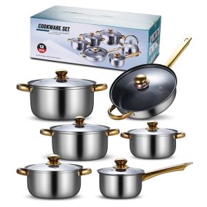 12PCS /set Stainless Steel Set Non Stick Cookware Flat Bottom Frying Pan Soup Pot Milk Pot Kettle