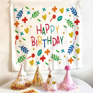 การ์ตูนน่ารัก ins ผ้าแขวนสุขสันต์วันเกิดสำหรับเด็กผู้หญิง ตกแต่งงานปาร์ตี้ ผ้าพื้นหลัง ผ้าผนังหอพัก