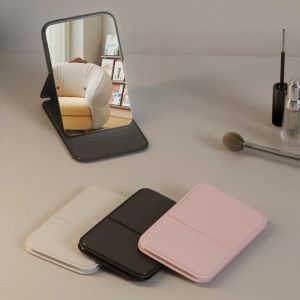 Foldable Mini Makeup Mirror Portable PU Leather Student Dormitory Desktop Standing Cosmetic Mirror