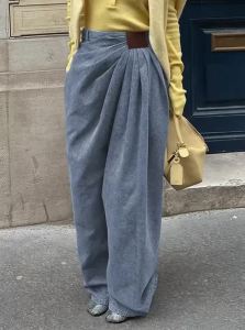 Chic Jeans Women New Fashion Solid Color Bottoms Vintage High Waist Wide Leg Denim Pants Pleated Lady Trousers