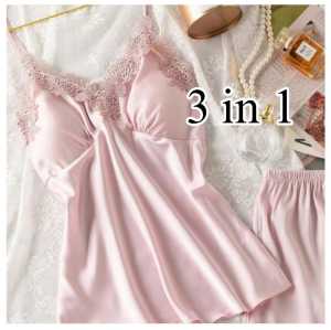 Beevi B686 setelan piyama 3 in 1 Lingerie pendek dan celana panjang celana pendek baju tidur wanita dewasa atasan satin Tangan elegan