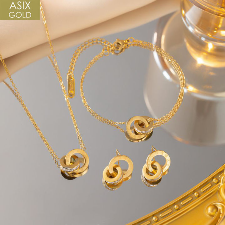 [3 in set] ASIX GOLD Korean Fashion Babae Alahas Set 18K Saudi Gold  Necklace Bracelet Hikaw 3-in Set Elegant Aesthetic Design Alahas Regalo 