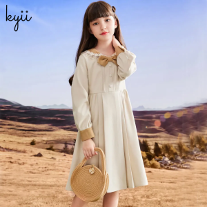 KYII Kids Girls Summer Round-neck Dress Casual Loose Long Sleeve Dress kyii0043