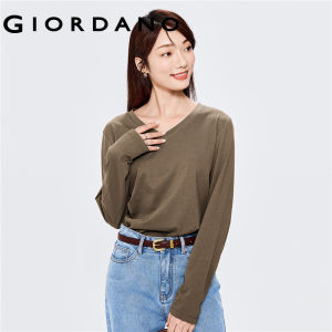 Áo thun nữ T-shirt cổ chữ V tay áo dài màu thuận cao cấp giản dị chất 100% vải cotton mặc thường ngày thu đông GIORDANO Free Shipping 13322759