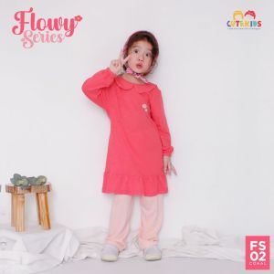 Dress Setelan Tunik Anak Perempuan Celana Panjang Usia 1-6th Bahan Kaos- Flowy Series
