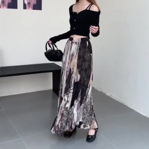 Fall Printed Maxi Skirts For Women - A-Line Flowy Pleated Long Skirt With Draped Detail Casual Elastic High Waist Boho Skirts