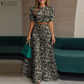 Celmia ZANZEA Women Two-piece Outfits Street Fashion Puff Sleeve Cropped Top Wide Leg Pants Leopard Print Sets #0714. 