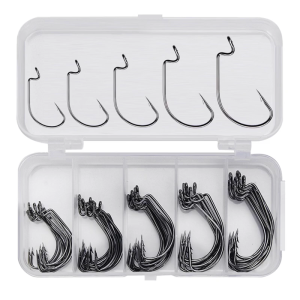 50Pcs Offsets Worm Hook with Plastic Box Strong Highly Carbon Steel Barbed Fishhooks Soft Worm Baits Hook Enduring