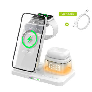 5 In 1 Wireless Charger Stand Foldable Clock RGB Night Light Fast Charging Station For iPhone16 15 14 13 12 Apple Watch Airpods Pro
