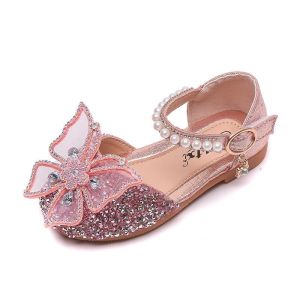 Girls Cute Shoes Butterfly Flats Bling Bling Diamond Bowknot Soft Kids Leather Sandal Shoes
