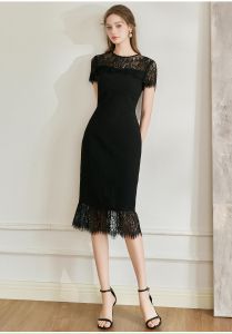Đầm dáng ôm body cổ tròn tay ngắn màu đen phối ren công sở sang trọng