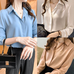 พร้อมส่ง เสื้อเชิ้ตหญิง เสื้อทำงานหญิง เสื้อแฟชั่นผญ เสื้อชีฟอง เสื้อตัวใหญ่ผู้หญิง เสื้อแขนยาว เสื้อคอปกshirtเสื้อเชิ้ตแขนยาวสีทึบ