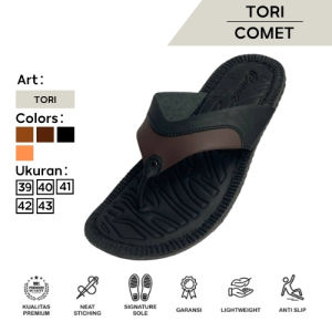 Sandal Pria Kasual Tori Comet Kulit Premium Anti-Slip - Warna Coklat/Hitam