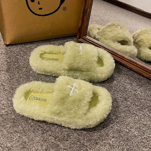 Free Shipping Fashionable WomenS Slippers For Summer Outdoor Wear 2026 Autumn/Winter New Style Cross-Strap Casual Fluffy Thick-Soled Cotton Slippers
