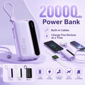 APSELON: ORIGINAL RII New R08 20000mah Portable Powerbank with 4 Cables Fast Charging with Built-in CABLE for USBiPhone Type and Micro Cable Accessories Smartphone