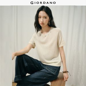 GIORDANO Women Sweaters Wooden Bead Crewneck Knitwear Lightweight Short Raglan Sleeve Fashionable Casual Knitwear 18356812