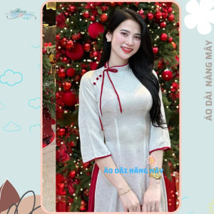 Áo dài dáng ôm truyền thống gấm Như Ngọc cổ lệch đính nơ cách điệu trẻ trung xinh đẹp