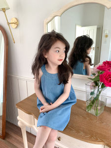 Dress Anak Perempuan Import Jeans Kerah Bulat Polosan Tanpa Lengan Kekinian Fashionable