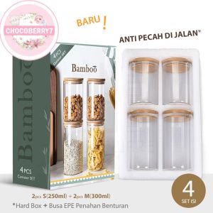 Chocoberry7 Toples Kaca Borosilicate Set 4 Pcs Kedap Udara Tutup Bambu Tahan Panas Premium Quality