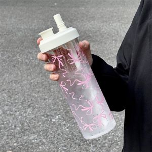 LYMEDIA 500ml Straw Cup Plastic Large Capacity Water Bottle Drinkware Bowknot Coffee Cup Juice Milk