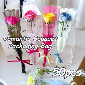 50Pcs Valentines Day Bouquet Bag Wave Design Transparent Plastic Love Single Flower Rose Packaging