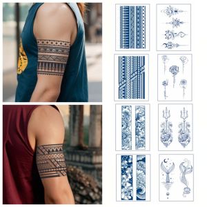 STARGOODS 8PCS Whales/Waves Pattern Temporary Tattoo Stickers Lasts for 2 weeks Waterproof Stripe Tattoo Stickers Makeup Accessories Personalized Flower Tattoo Stickers Leg/ Arm/ Hand/Foot