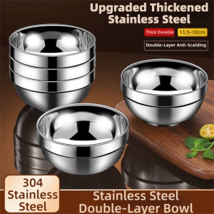 SJJL 304 Stainless Steel Stainless Steel Bowls Double-layer Thick Durable Soup Rice Bowls Metal Snack Bowl Cereal Bowls Kindergarten