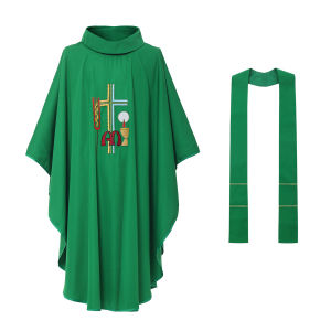 โบสถ์คาทอลิก Priest Chasuble ปัก Vestments พระสงฆ์ Robe เสื้อผ้ามุสลิม G1000/G2000/G3000/G1100/G2100/G3100/G1900/G2900/G3900 4สี (สีแดงสีขาวสีม่วงสีเขียว)