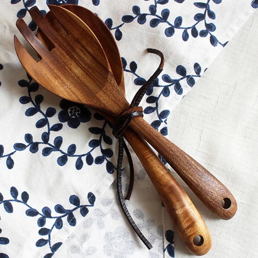 Acacia wood salad spoon and fork set long handle kitchenware large