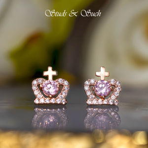 [Studs & Such] 925 Silver Heart-Shaped Crown Stud Earrings With Cubic Zirconia