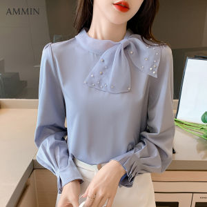 AMMIN 2021 autumn new high-end round neck with beaded silk scarf intellectual and elegant long-sleeved chiffon shirt women Korean style personalized design long-sleeved blouse female tops