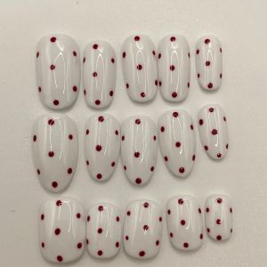 Cute White Red Polka Dot Press On Nails Medium Oval Handmade Reusable Fake Nails DIY Nail Art for Girls