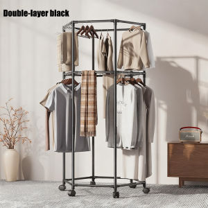 Flexible and convenient storage artifactHexagonal double-layer movable clothes drying rackSteel Hanger Rack With Wheel Space Saving Storage Rak Baju Gantung