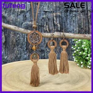 fufeng Bohemian cổ điển phong cách rìa Mặt dây chuyền vòng tròn gỗ thiết kế dài vòng cổ bông tai đồ trang sức