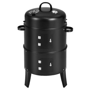BBQ Smoker Grill with Built-in Thermometer Round BBQ Grill Vertical Charcoal Smoker with Air Vent 2 Access Doors for Camping