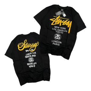 Kaos Stussy - tshirt stussy - kaos pria - tshirt pria - baju pria - kaos pria stussy WORLDWIDE GOLD HITAM