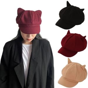 CURIO12 Adjustment Cat Ear Hat Solid Color Cute Cat Ears British Beret Hat Retro Comfortable To Wear Women Hat For Men