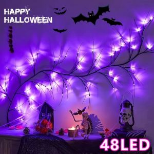 1PC 48LED Purple DIY Artificial Willow Vine Lights USB Powered String Lamp Wall Decoration Lights For Home Christmas Halloween