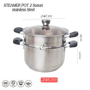 Panci Kukus Stainless Tebal Tutup Kaca Induksi Dandang Susun Bakpao 24CM Panci Kukusan Dua susun